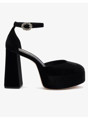 Larroude Black Velvet Platform Block Heel with Crystal Buckle
